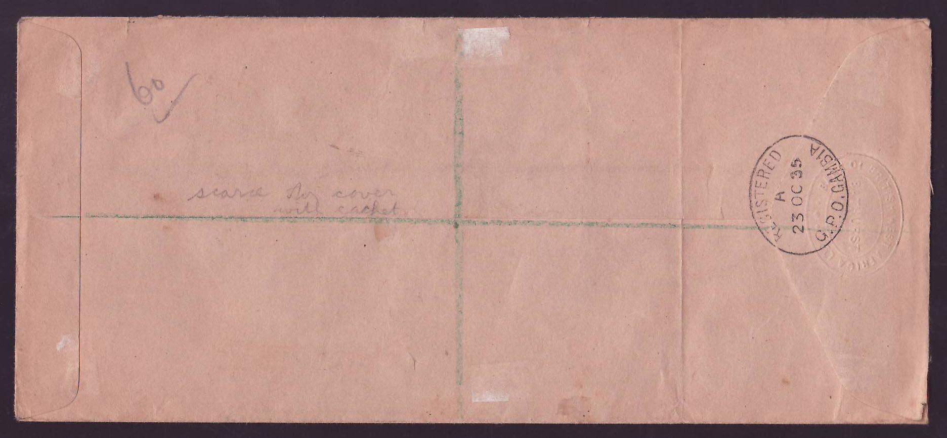 Gambia Gambie Cover with Jubilee stamps with Air Mail cachet to England dated OCT 35 — Rückseite