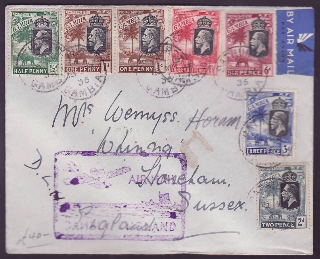 Gambia Gambie Cover with various Elephant Values dated 1935 for England