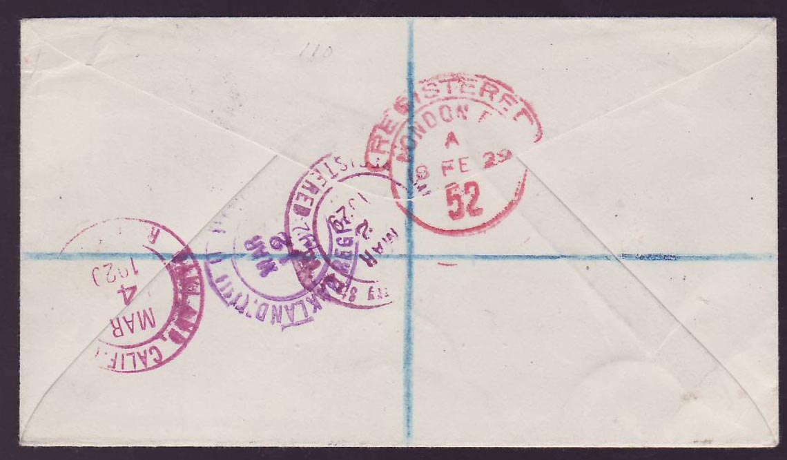 Gambia Gambie Cover with 6d value on GPO Gambia cds to Oakland  USA  dated 1929 — Rückseite