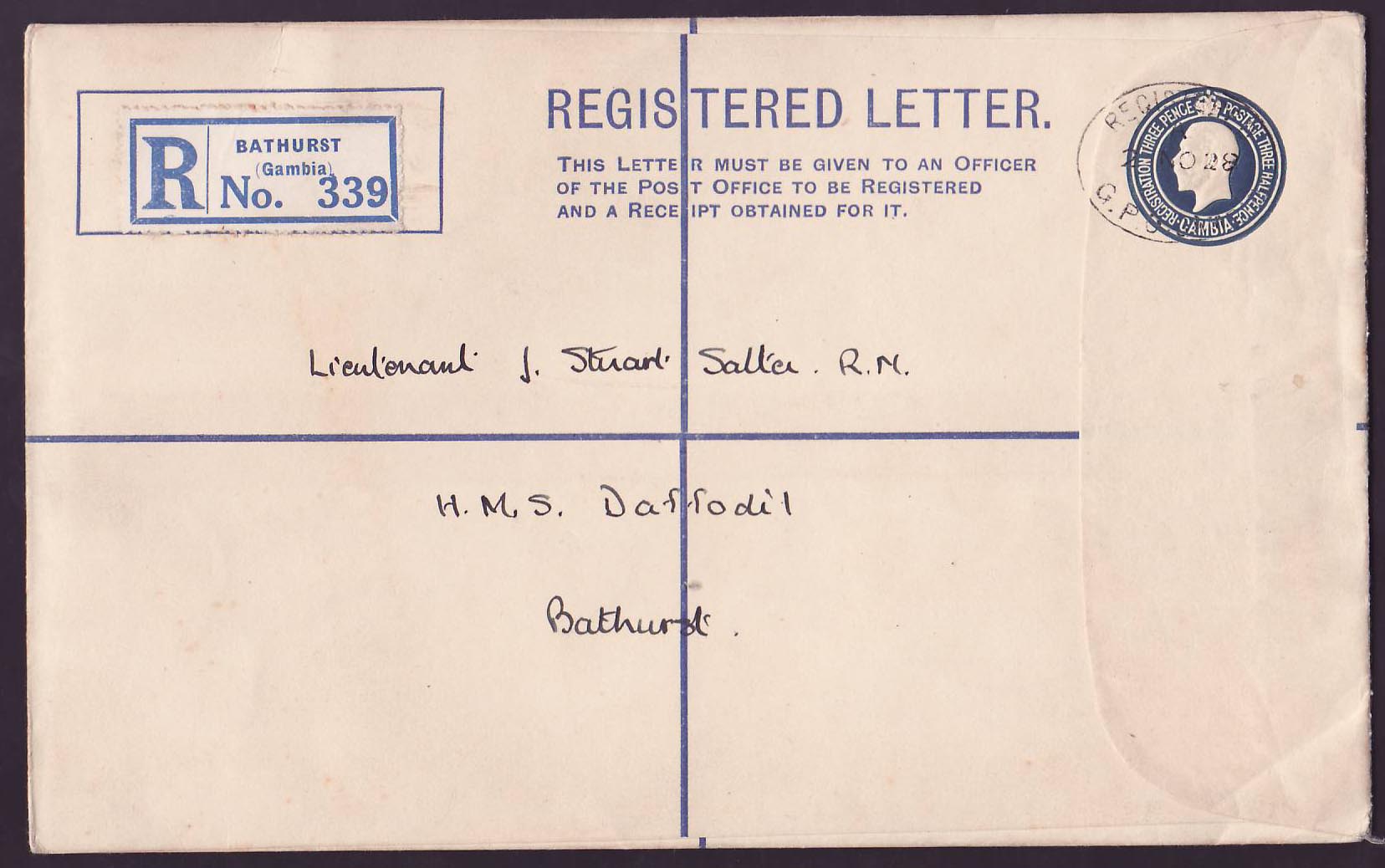 Gambia Gambie Registered letter with Elephant set (12 values)  cand NO 1928  scarce  to Bathurst — Rückseite