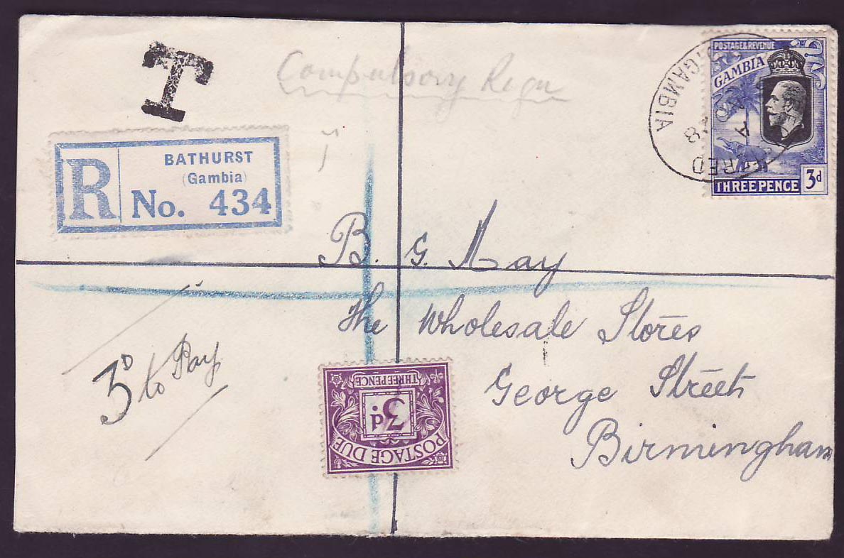 Gambia Gambie Registered mail with 3d Elephant stamp candc NO 28 and 3d Postage Due affixed  to Birmingham  England