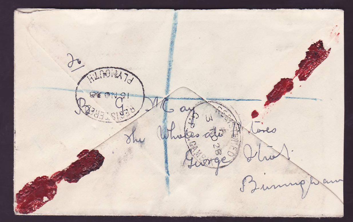Gambia Gambie Registered mail with 3d Elephant stamp candc NO 28 and 3d Postage Due affixed  to Birmingham  England — Verso