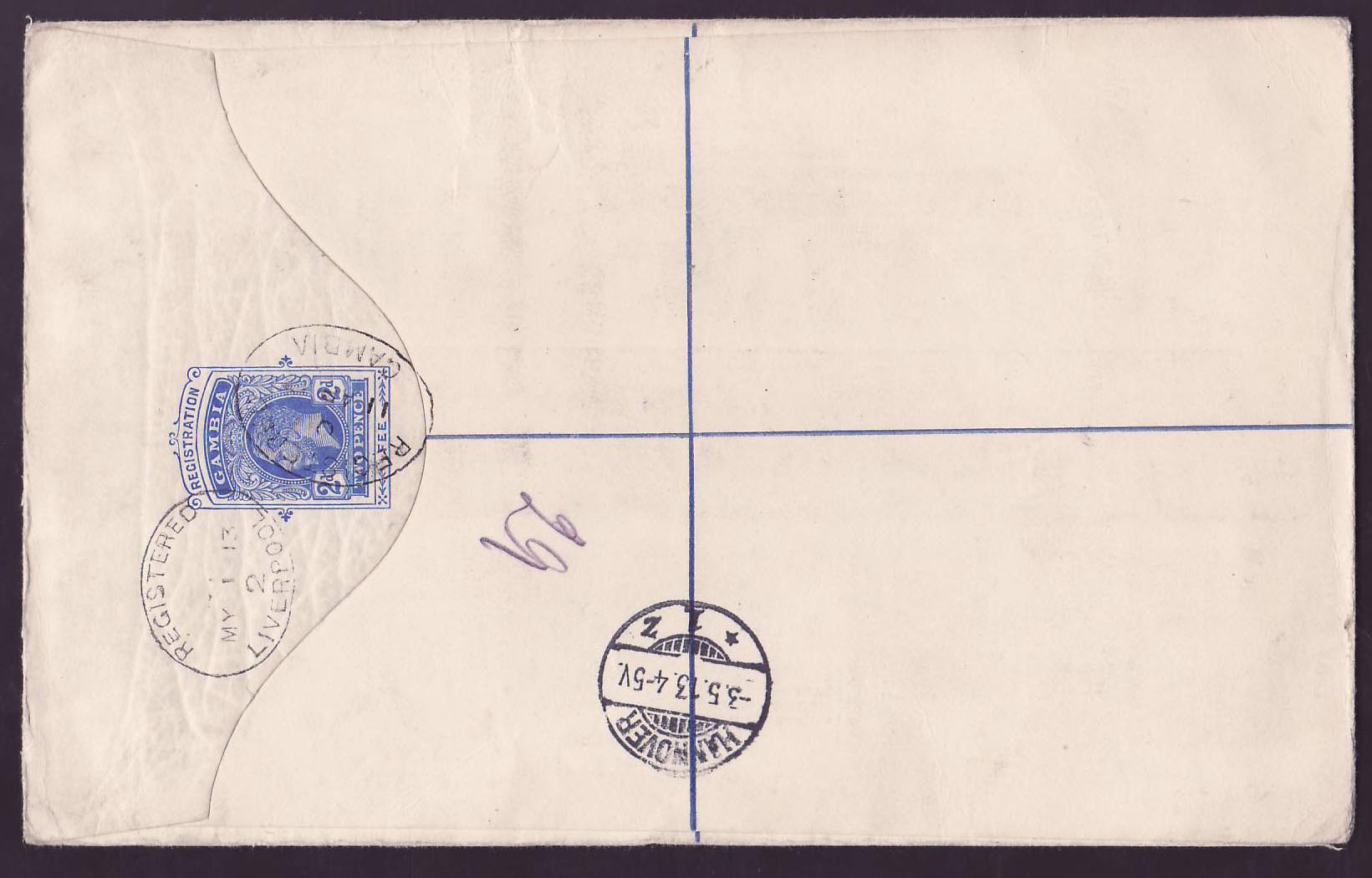 Gambia Gambie Registered 2 1/2d usage to Hannover  Germany  dated 1913 — Rückseite