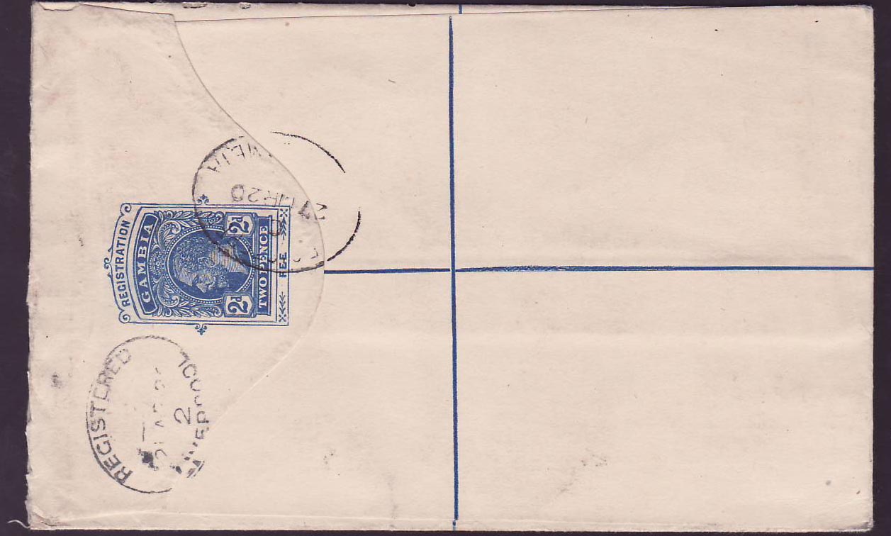 Gambia Gambie Registered letter with 1d value canc MA 20 to Huddersfield  England — Rückseite