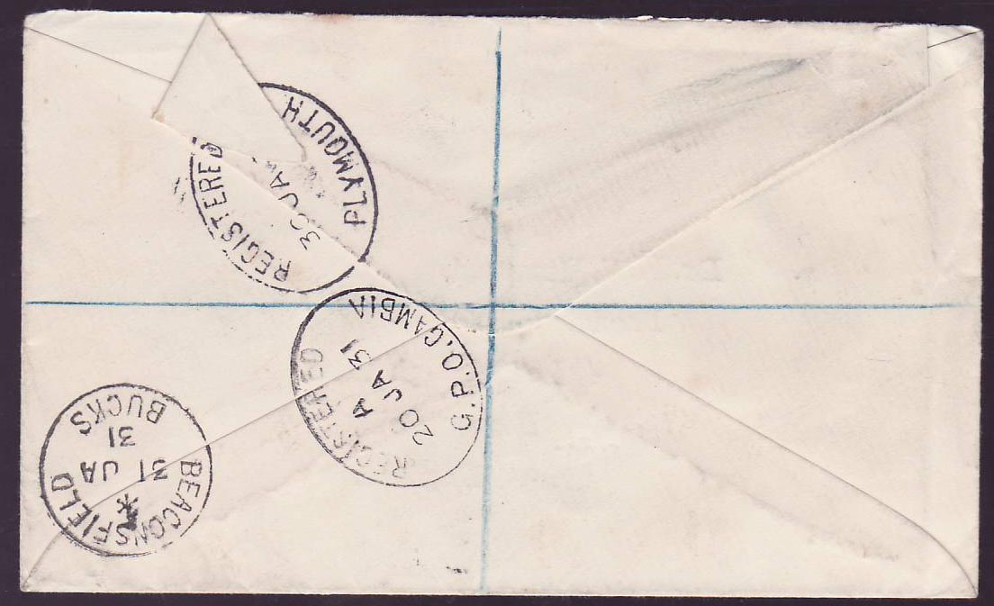 Gambia Gambie 1d + 3d values + EVII values for Beaconsfield  England  canc 1931 — Rückseite