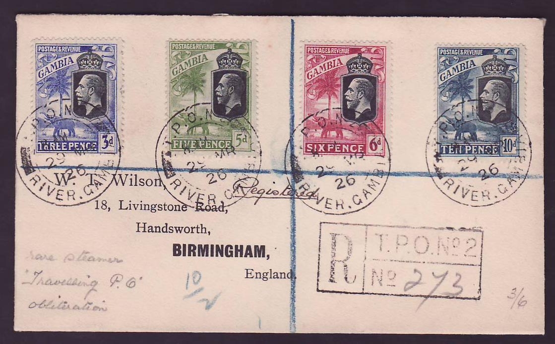 Gambia Gambie Elephant values on 1936 Wilson cover with TPO #2 cds River Gambia to Birmingham  England
