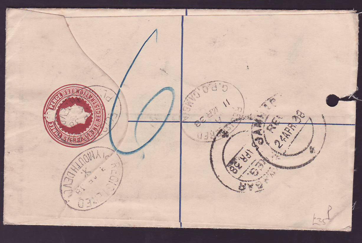 Gambia Gambie Registered letter with 3*1 1/2d Elephant adhesives with GPO Canc dated 1938 — Rückseite