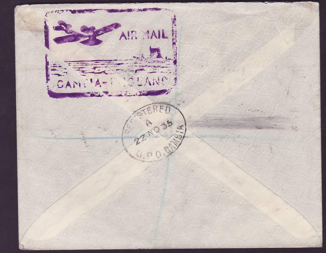 Gambia Gambie Jubilee issue on 1935 cover to Billericay  Essex  England  Air Mail cachet — Rückseite