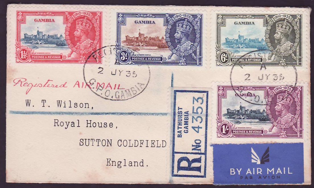 Gambia Gambie Jubilee issue on 1935 cover to Sutton Coldfield  England  Air Mail cachet