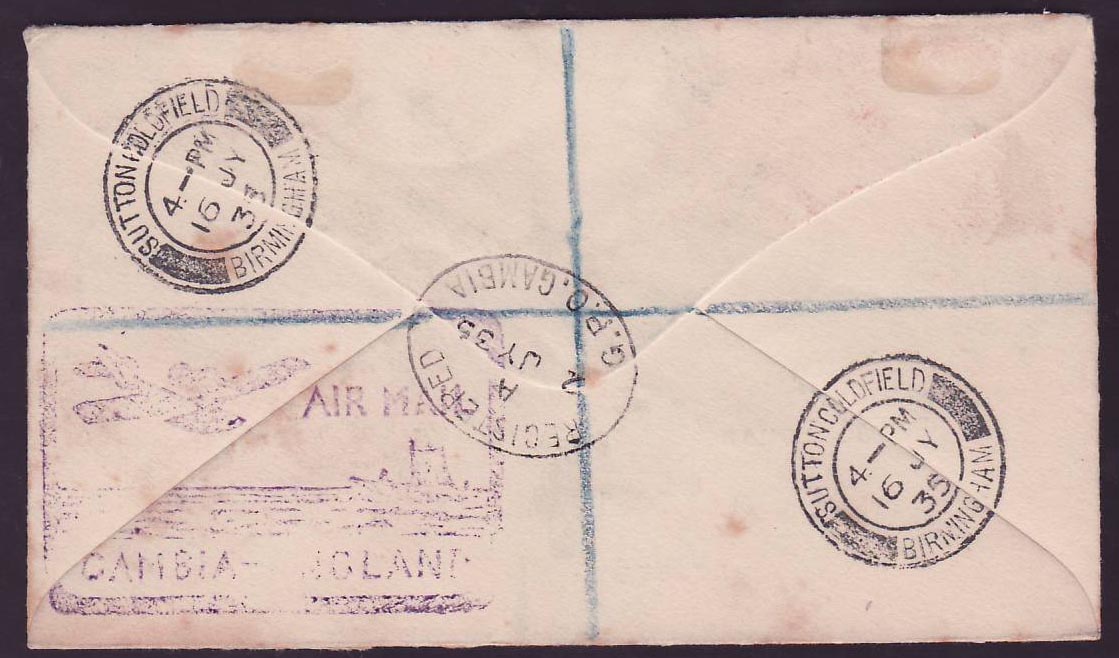 Gambia Gambie Jubilee issue on 1935 cover to Sutton Coldfield  England  Air Mail cachet — Back