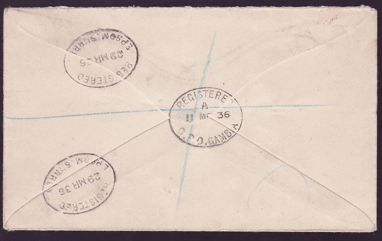 Gambia Gambie Jubilee issue on 1935 cover to Ewell  Surrey  England — Back