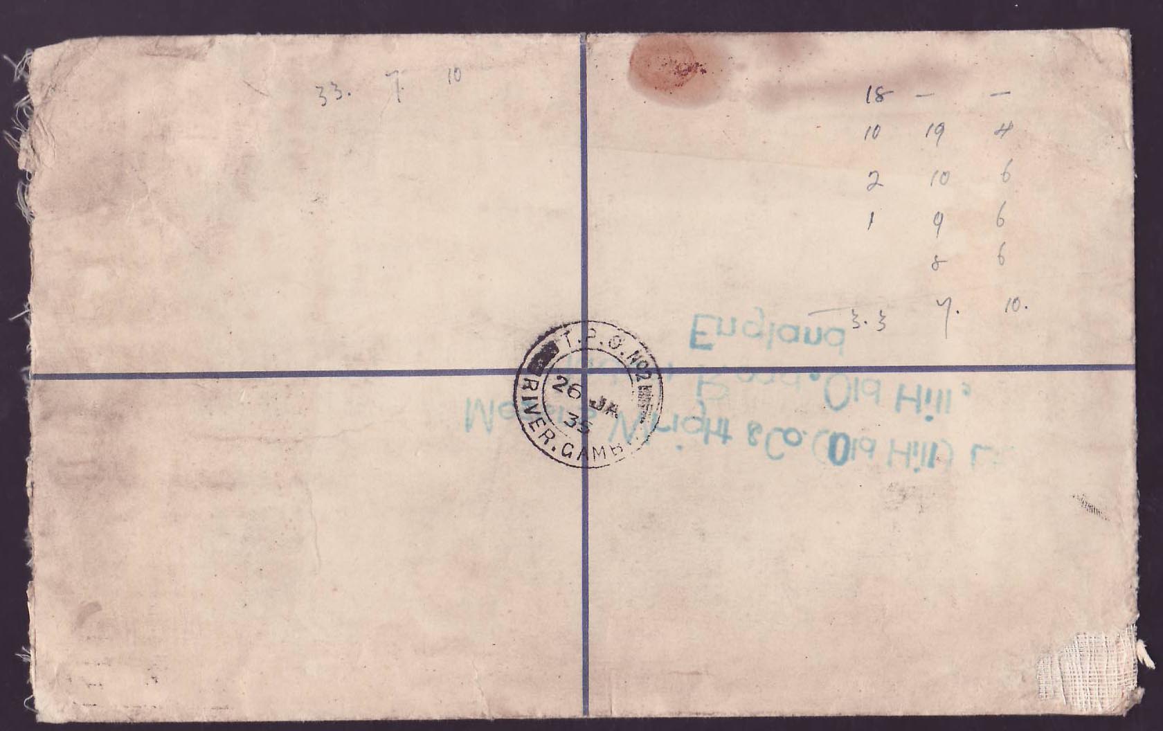 Gambia Gambie Registered letter to Staffordshire  England  dated 1933 — Rückseite