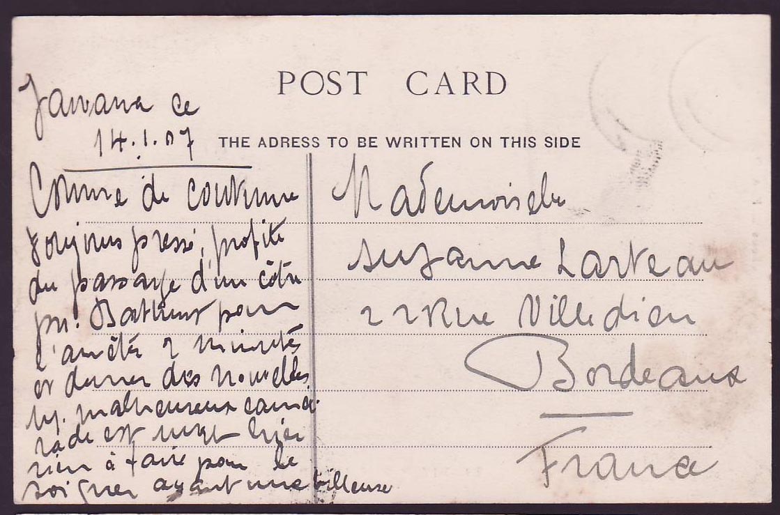 Gambia Gambie Postcard with 2*1/2d EVII values picture Bathurst Wellington Street  to Bordeaux — Rückseite