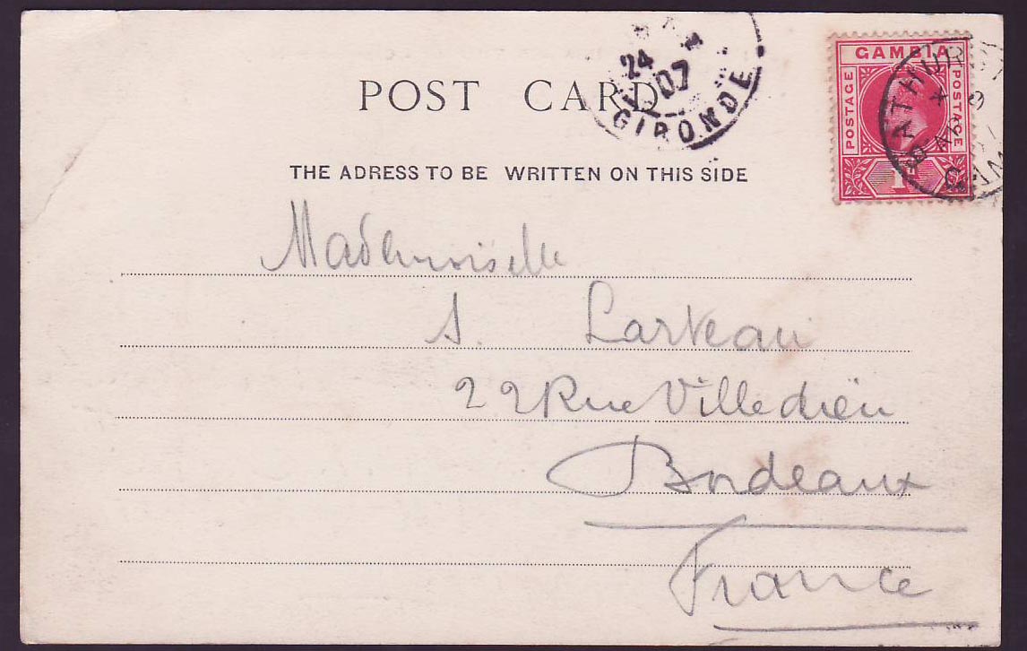 Gambia Gambie Postcard with 1d EVII adhesive Bathurst Cape Sainte Mary to Bordeaux  France — Rückseite