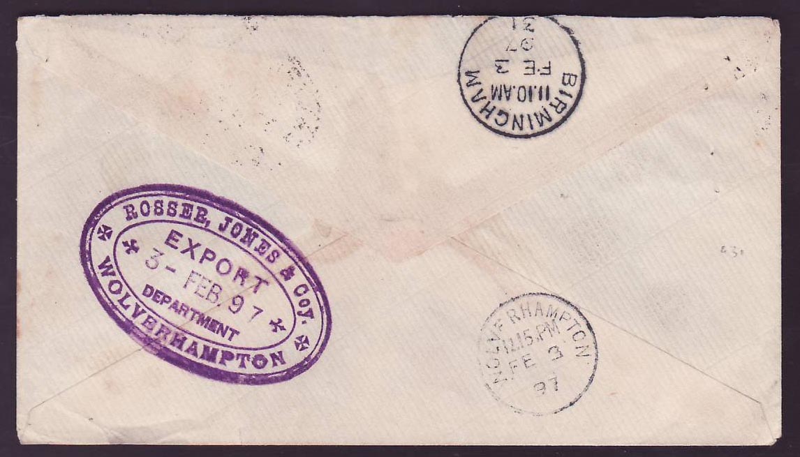 Cover St Lucia Lucie franked 2 1/2d Victoria Castries JA 97 for Wolverhampton  England — Rückseite