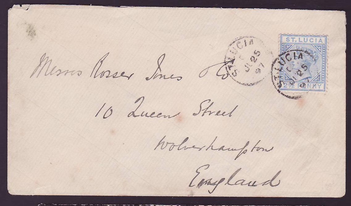 Cover St Lucia Lucie franked 2 1/2d Victoria Castries JU 97 for Wolverhampton  England