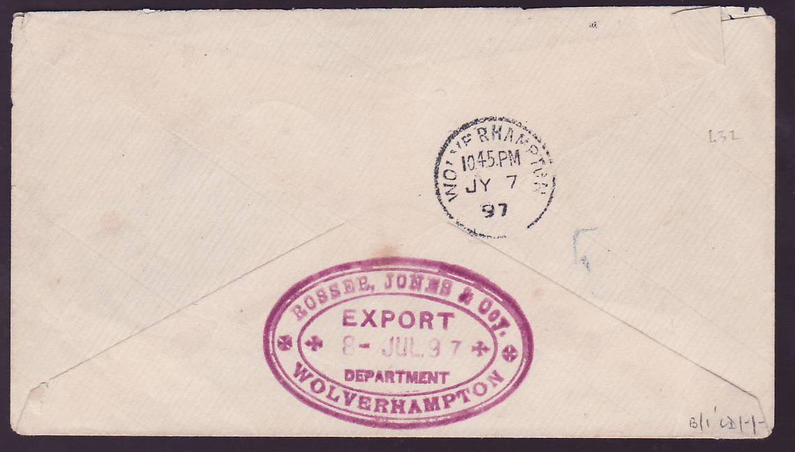 Cover St Lucia Lucie franked 2 1/2d Victoria Castries JU 97 for Wolverhampton  England — Rückseite
