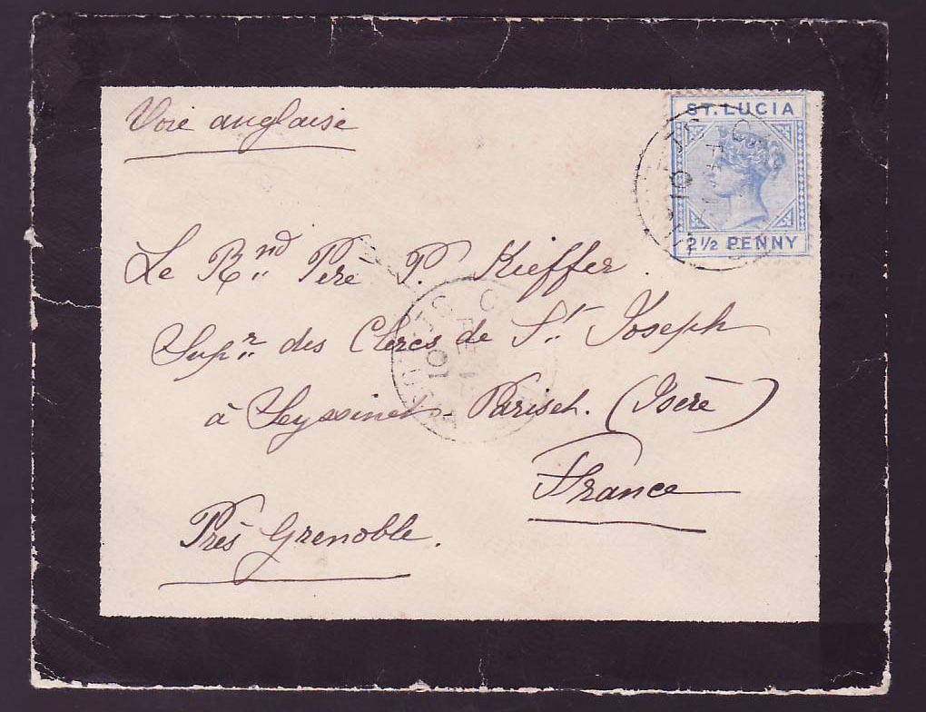 Cover St Lucia Lucie franked 2 1/2d Victoria 01 for Seyssinet Pariset  France