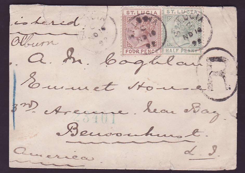 Cover St Lucia Lucie franked 4p + 1/2p NO 92 for Bensonhurst  USA