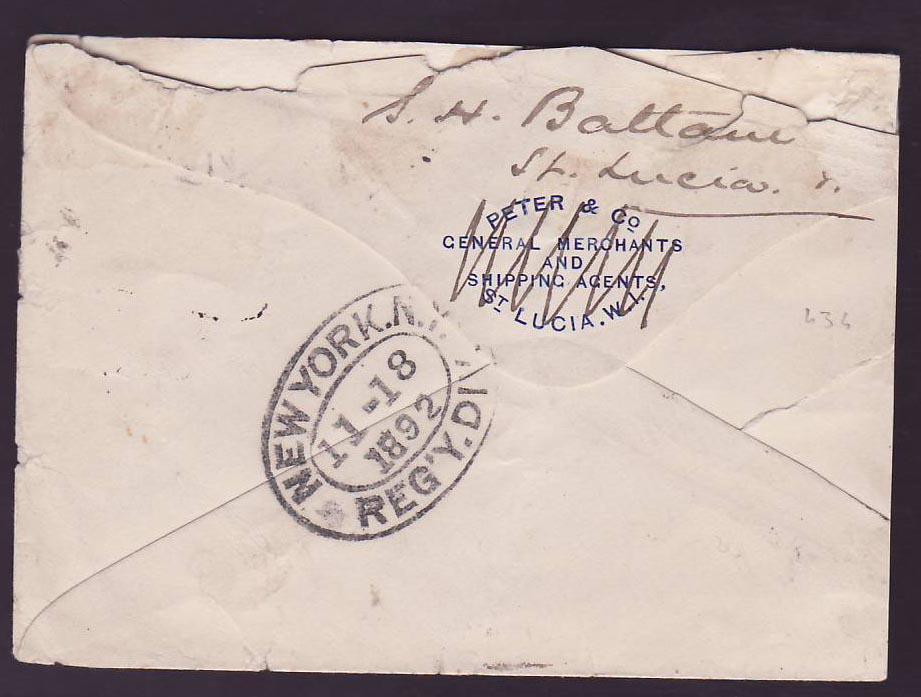 Cover St Lucia Lucie franked 4p + 1/2p NO 92 for Bensonhurst  USA — Rückseite