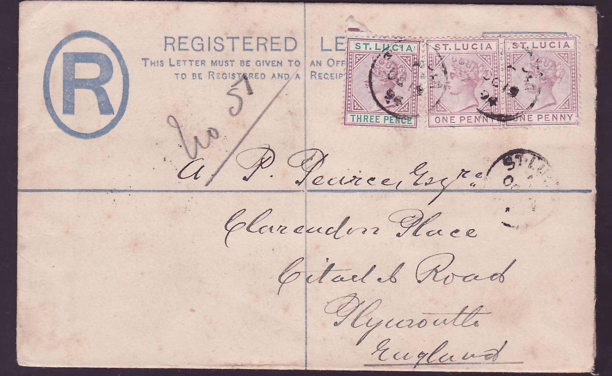 Registered Cover St Lucia Lucie franked 2*1p + 3p OC 94 for Plymouth  England