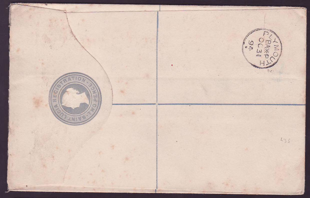 Registered Cover St Lucia Lucie franked 2*1p + 3p OC 94 for Plymouth  England — Rückseite