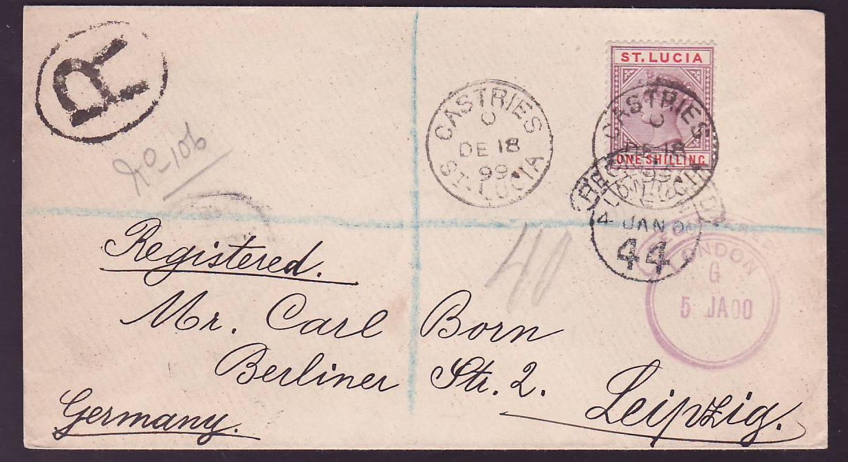Registered Cover St Lucia Lucie franked 1s Castries DE 99 for Leipzig  Germany  Rare