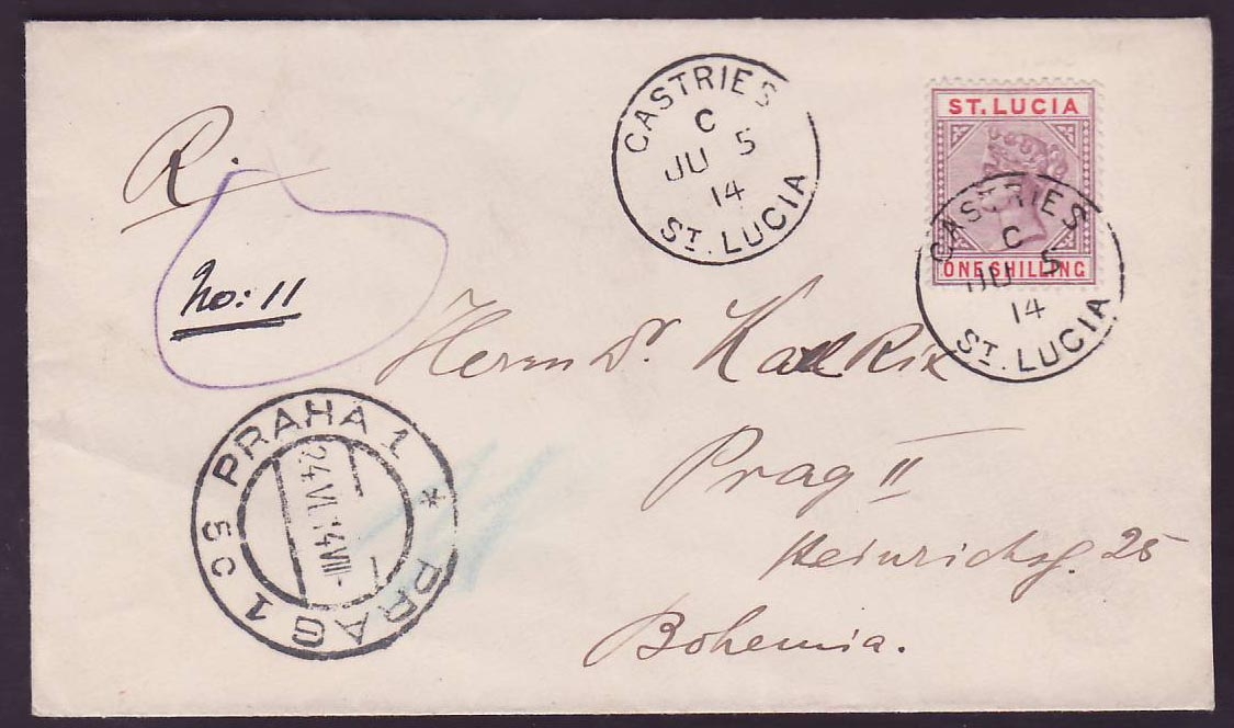 Registered Cover St Lucia Lucie franked 1s Castries JU 14 (late usage) Castries for Prag  Bohemia