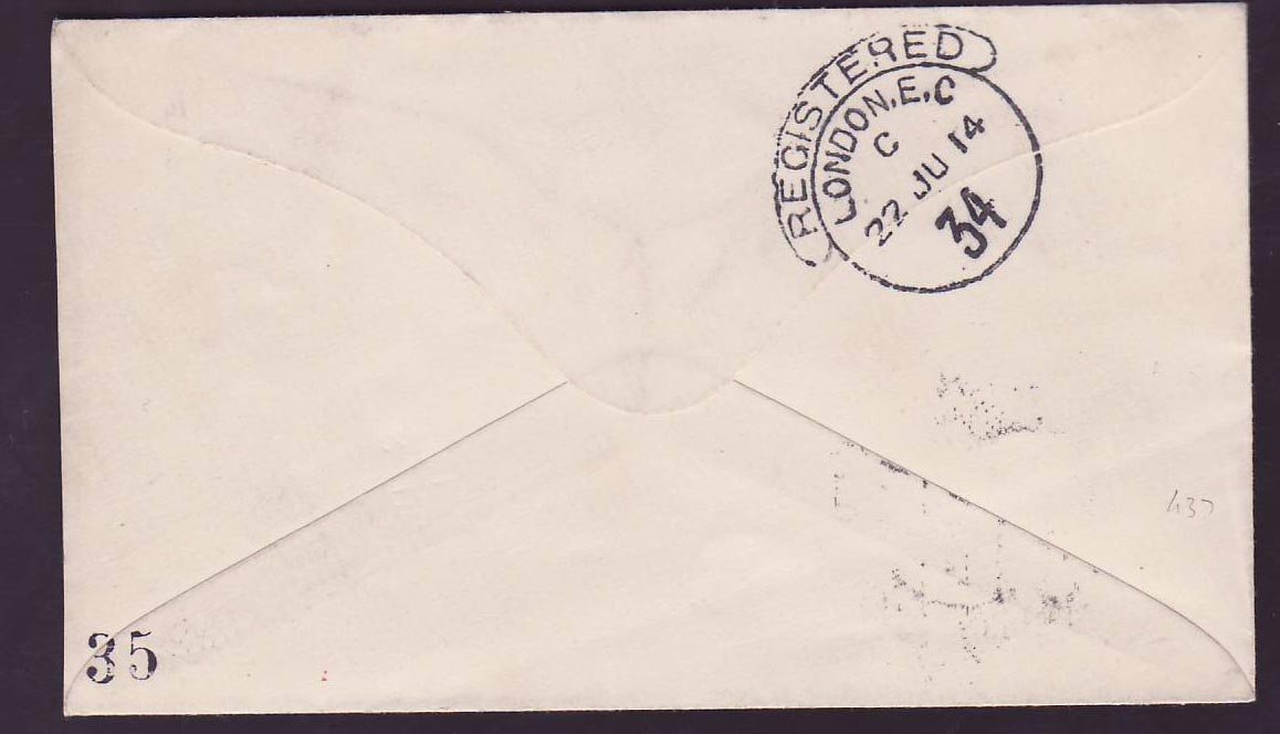 Registered Cover St Lucia Lucie franked 1s Castries JU 14 (late usage) Castries for Prag  Bohemia — Rückseite