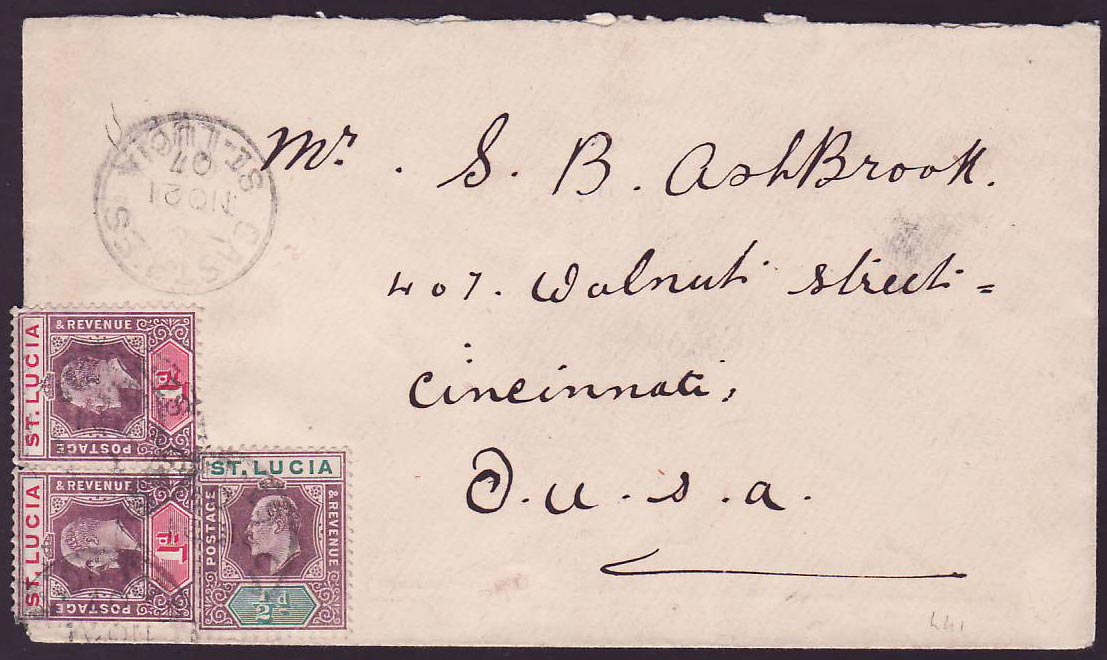 Cover St Lucia Lucie franked EVI 2*1d + 1/2d for Cincinnati  USA  cancelled Castries NO 07