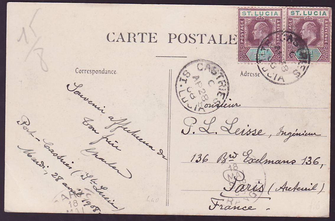 Postcard St Lucia Lucie with 2*1/2d EVI values cancelled Castries 08 for Paris  France  back Martinique Montage pelee