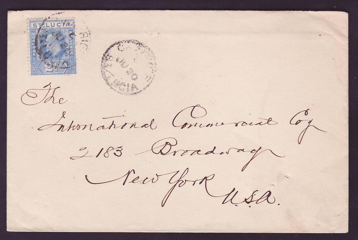 Cover St Lucia Lucie franked EVI 2*1d JU 10 for New York  USA