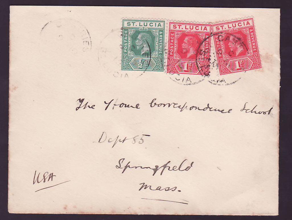 Cover St Lucia Lucie franked GV 2*1d + 1/2d for Springfield  Massachussets  USA