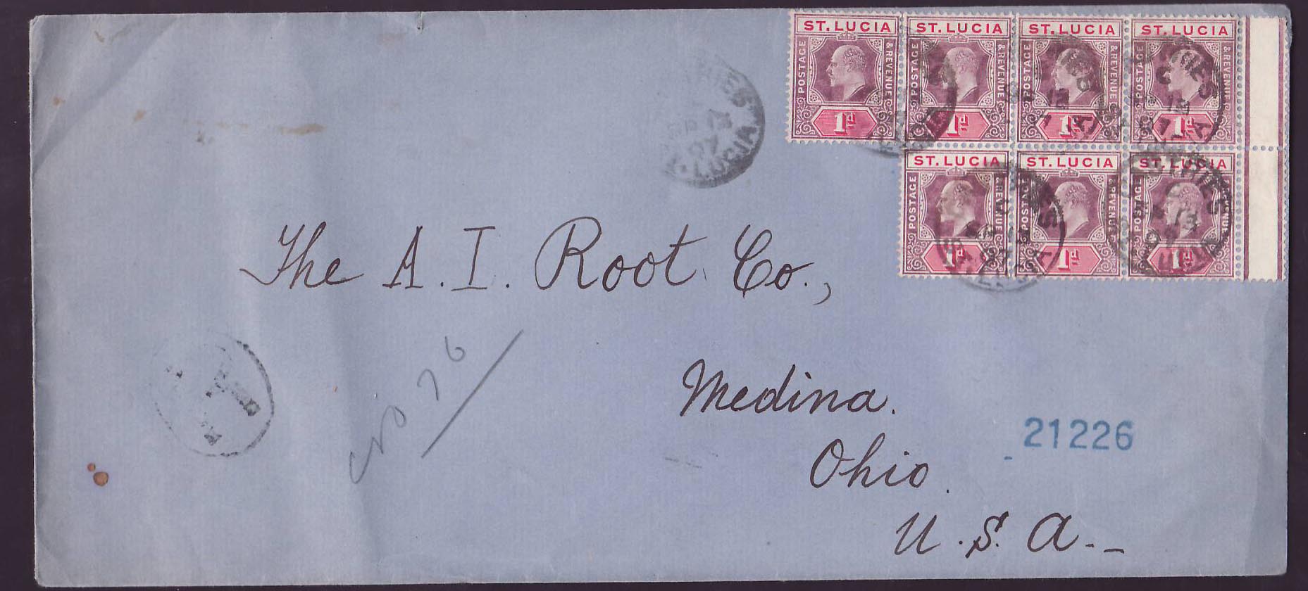 Cover St Lucia Lucie franked with 7*EVI 1d issue cancelled Castries 07 for Medina  Ohio  USA