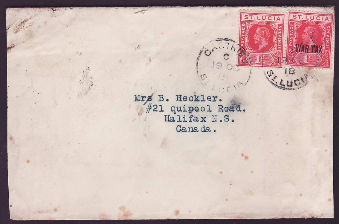 Cover St Lucia Lucie franked with 1d + War Tax 1d value for Halifax  Canada  dated OC 18