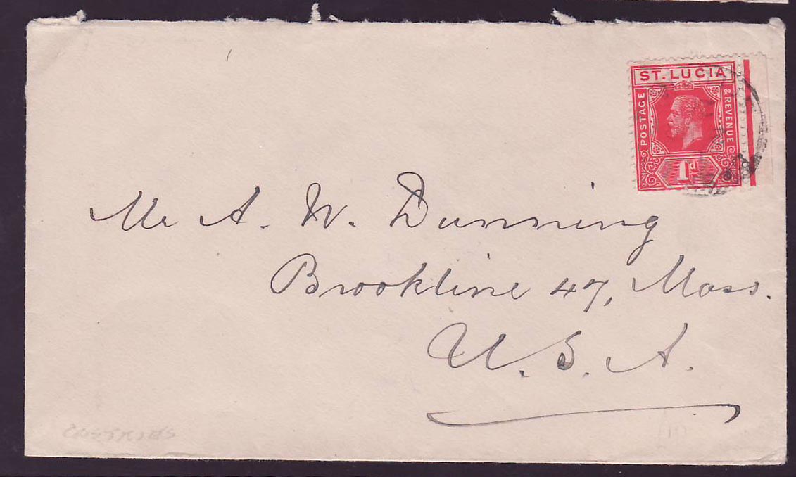 Cover St Lucia Lucie franked with 1d GV issue canc 20 for Mass  USA