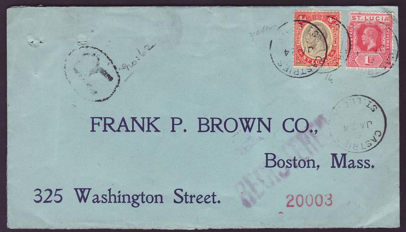 Cover St Lucia Lucie franked with 4d + 1d GV issue for Boston  Mass  USA  canc JAN 14