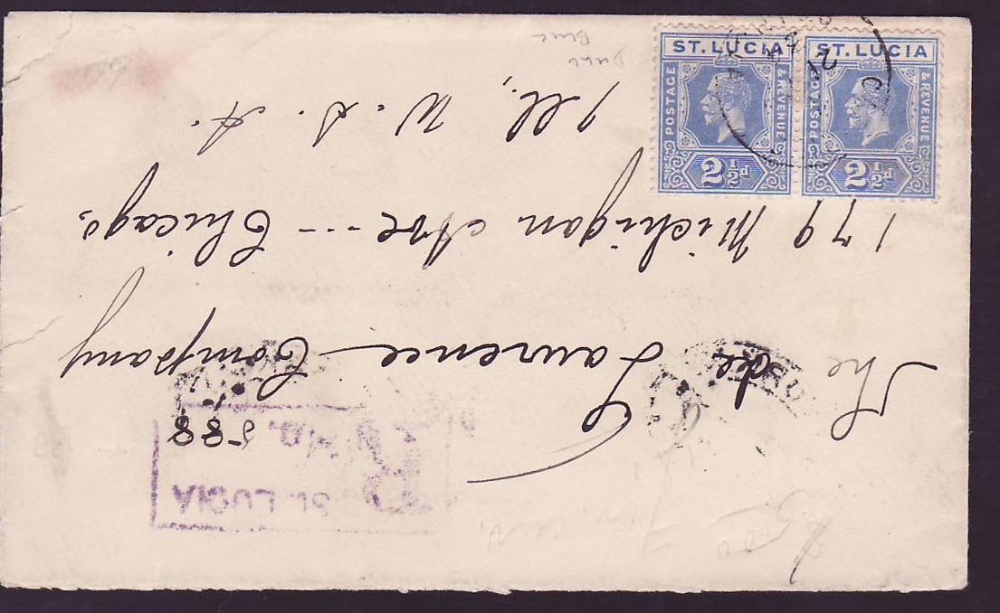 Cover St Lucia Lucie franked with 2*2 1/2d GV issue for Chicago  USA  dated 1934