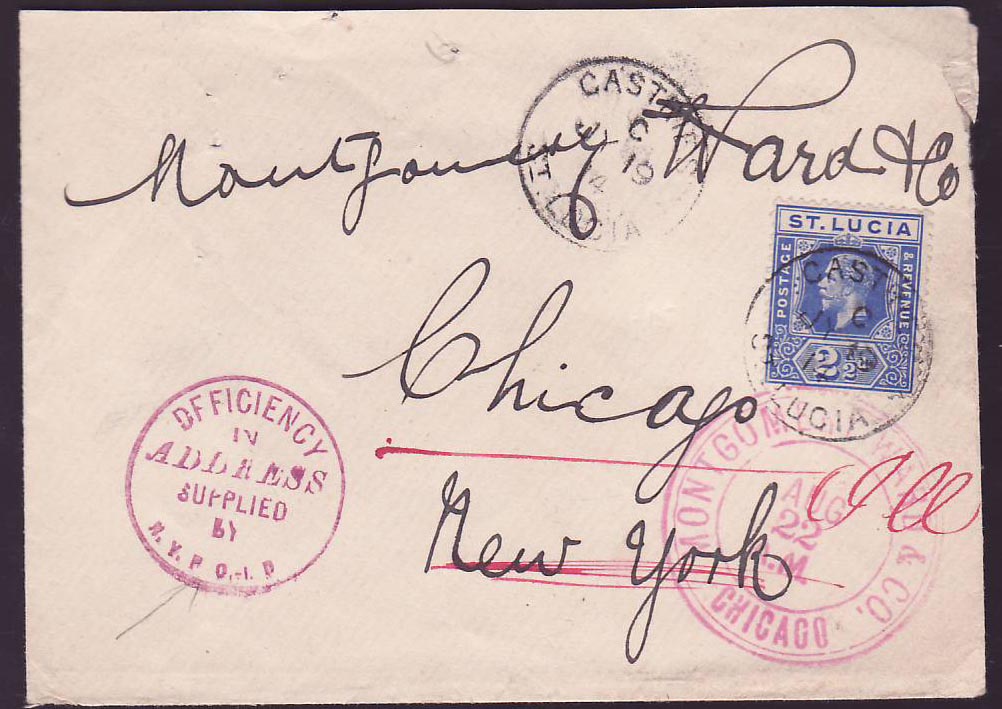 Cover St Lucia Lucie franked with 2 1/2d GV issue for Chicago  USA  dated 14