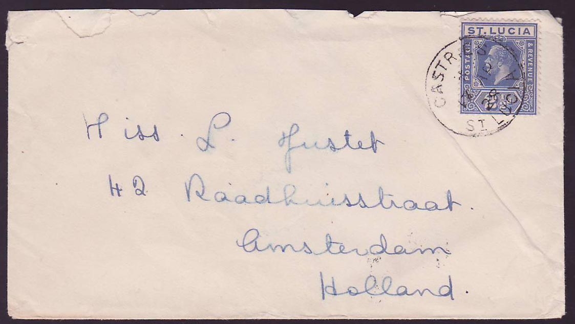 Cover St Lucia Lucie franked with 2 1/2d GV issue for Amsterdam  Holland