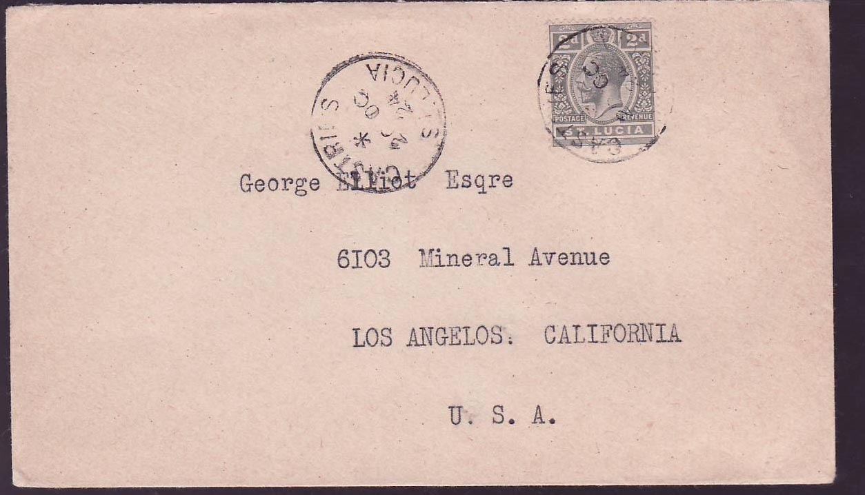 Cover St Lucia Lucie franked with 2 d GV issue for Los Angeles  USA  can Castries OC 24