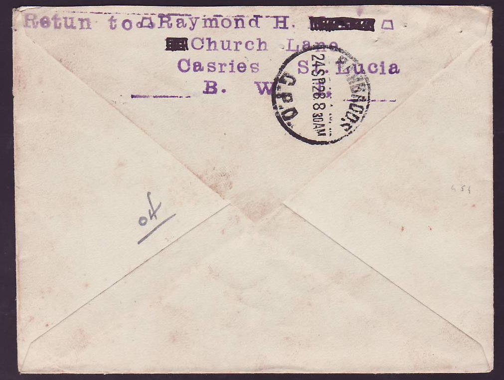 Cover St Lucia Lucie franked with 2 d GV issue with rare Laborie canc FE 34 — Rückseite