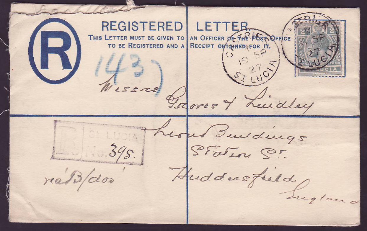 Registered Cover St Lucia Lucie franked 2p canc Castries SEP 27 for Huddenfield  England