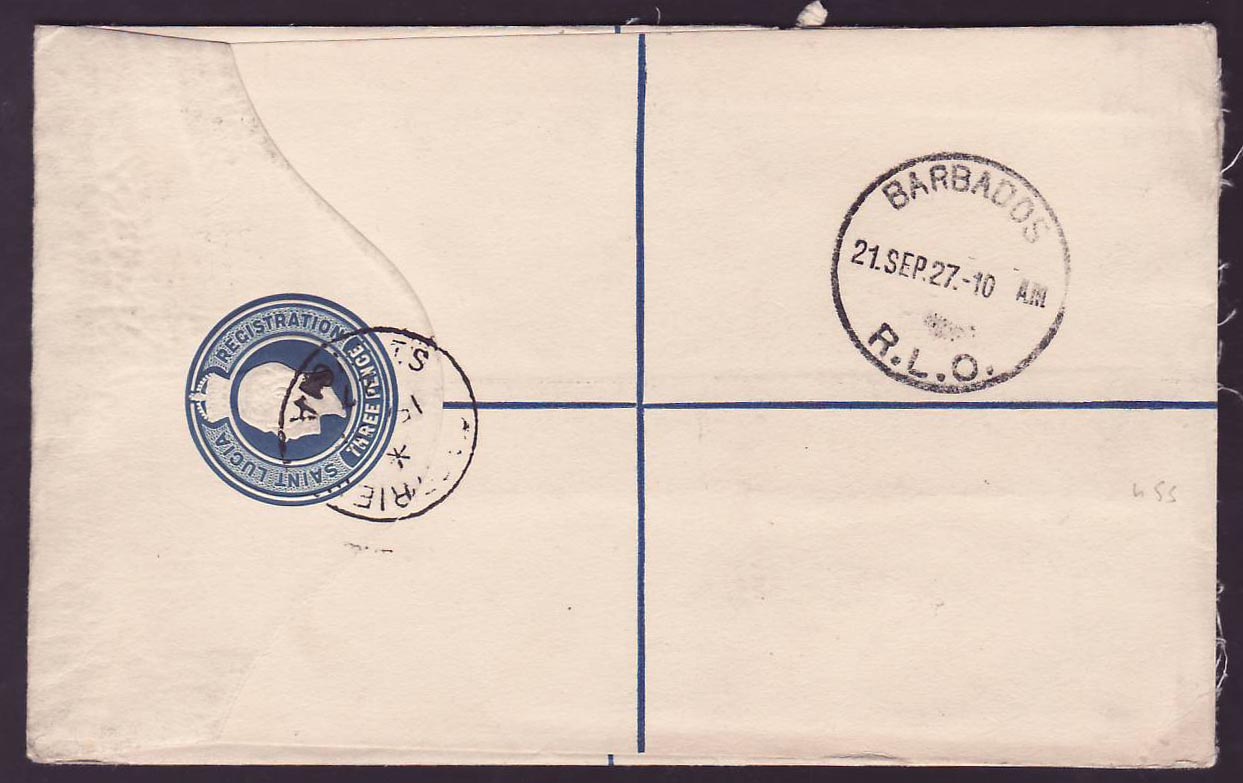 Registered Cover St Lucia Lucie franked 2p canc Castries SEP 27 for Huddenfield  England — Rückseite