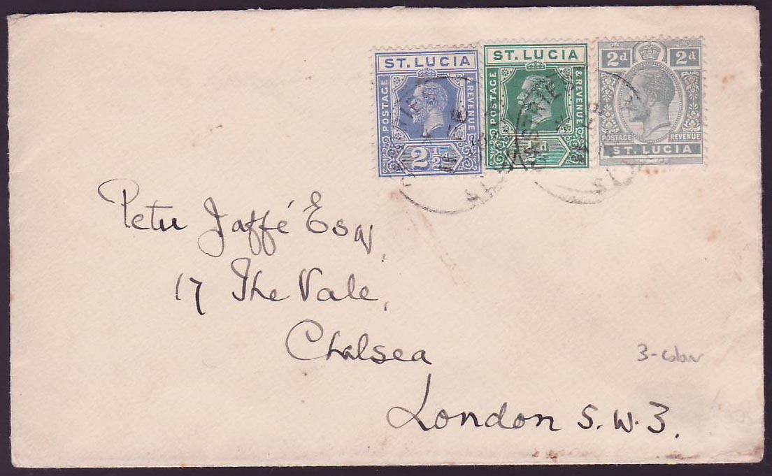 Cover St Lucia Lucie franked with 3 color franking 1/2d + 2d + 2 1/2d for Chelsea  London  dated FE 35