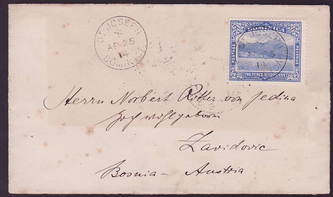 Dominica St Joseph (rare small office) April 25 1914 2 1/2d UPU rate to uncommon destination of Zavidovic  Zavidovici  B