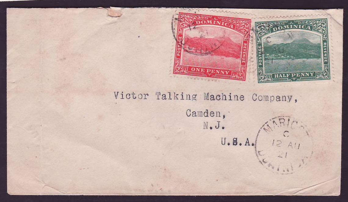 Dominica Marigot (rare small office) Aug 12 1921 Uncommon commercial village mail to Camden  USA