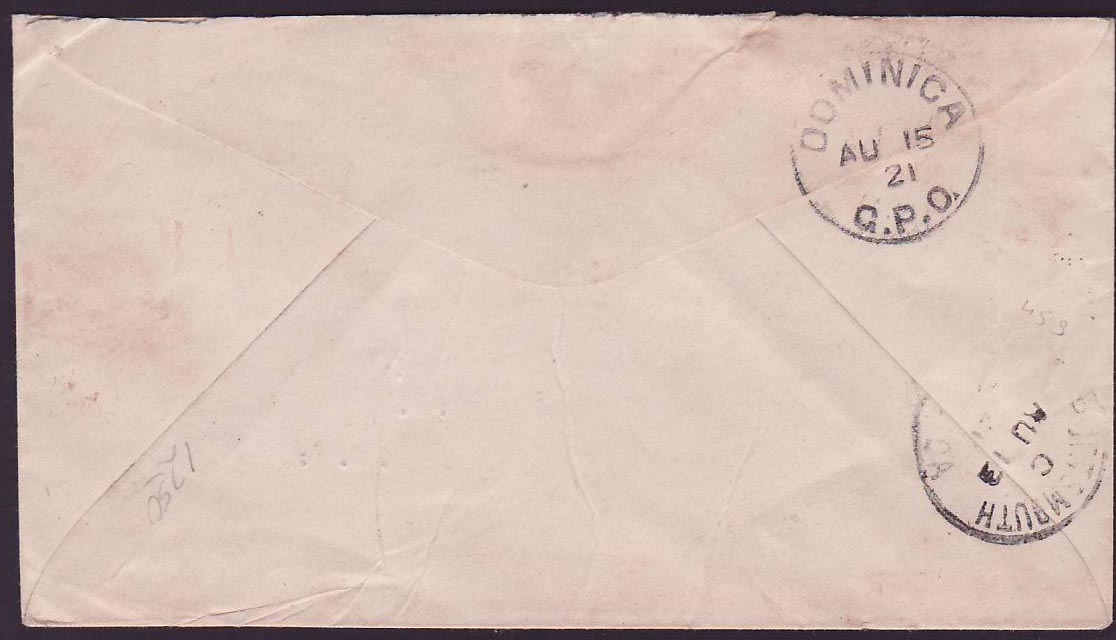 Dominica Marigot (rare small office) Aug 12 1921 Uncommon commercial village mail to Camden  USA — Rückseite