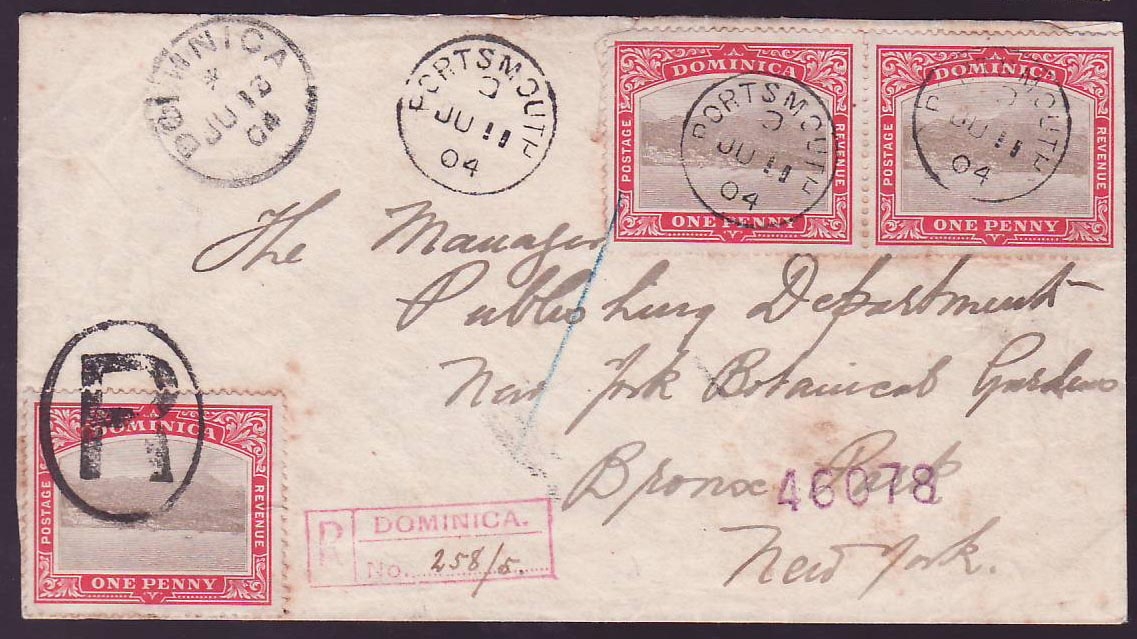 Dominica Porstmouth (small office) June 11 1904 Unusual use of R in oval as canceler to Bronx  USA