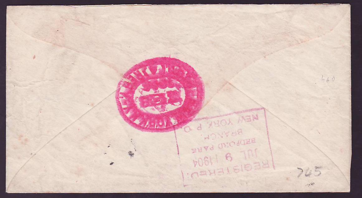 Dominica Porstmouth (small office) June 11 1904 Unusual use of R in oval as canceler to Bronx  USA — Rückseite
